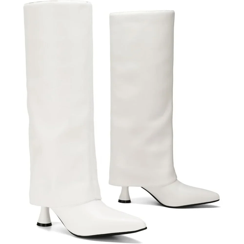Women's White Leather Slouchy Knee High Pointed Toe Folded Shark Stylish Boot